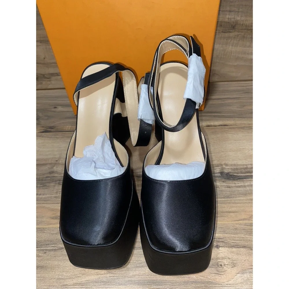 Women Platform‎ Chunky Sling back Satin Heels, Sz 8